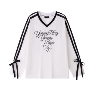 【石玺彤同款】YKYB黄子韬 潮流小众蝴蝶结条纹长袖T恤百搭上衣女