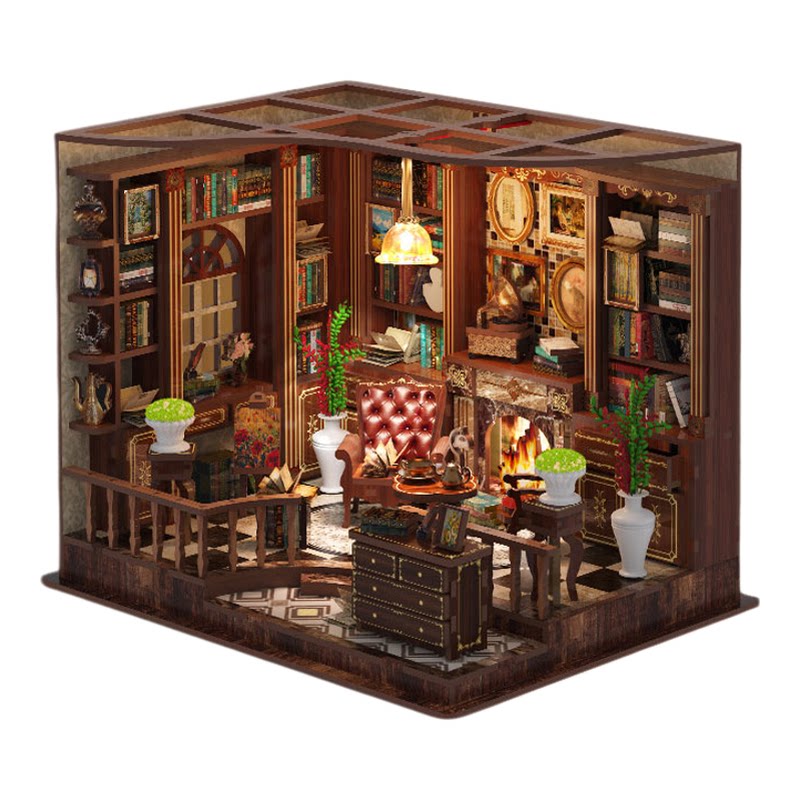 新品左岸书房小屋手工diy建筑模型木质书立3D立体拼装摆件小屋