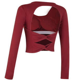 含胸垫美背瑜伽服女红色健身运动上衣修身显瘦普拉提训练长袖秋冬