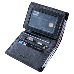 商务男士真皮短款钱包头层牛皮多卡位拉链钱包简约经典款三折钱夹