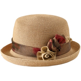 布塔春夏季防晒草帽女渔夫帽太阳帽优雅气质帽子凉帽小礼帽花朵