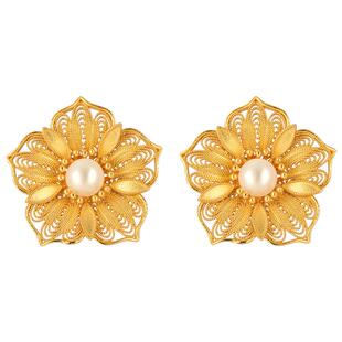 五福花朵珍珠银鎏金耳钉非遗花丝镂空新中式国风小黄花银耳饰耳环