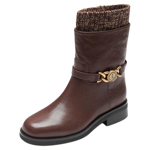 莱尔斯丹冬新款棕色时尚通勤粗跟百搭真皮短筒靴子女鞋6T30302