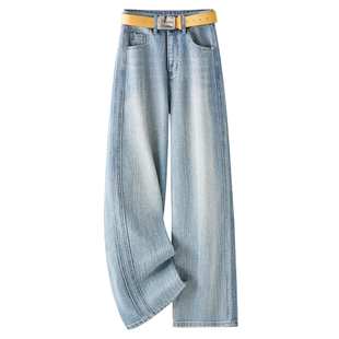 浅蓝色复古烫钻牛仔裤女2026新款春季小个子高腰直筒裤宽松阔腿裤