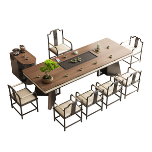 2025年新款木纹岩板大板茶桌椅组合一桌五椅新中式茶台办公室一体