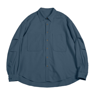 NOEARS日系复古藏蓝色鲨鱼褶天丝棉衬衫春秋宽松休闲落肩方领衬衣