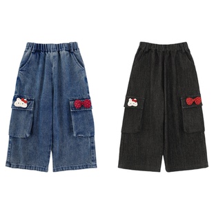 幼悠女童春季新款九分半宽松直筒牛仔裤时尚百搭儿童可爱休闲裤子