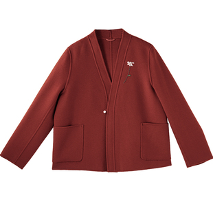 7-22QDA-166【樱落胭脂】前世今生温婉文艺交叠V领短毛呢外套