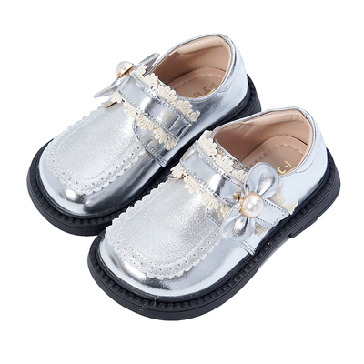 女童皮鞋银色真皮公主鞋洋气