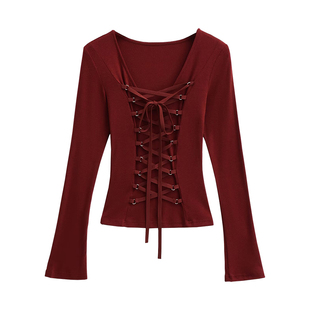 YoungGirlDay纯欲辣妹性感紧身显瘦交叉绑带收腰长袖打底T恤上衣