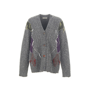 wana try趣味毛须边花纱菱格针织外套25秋冬新品深灰色韩系上衣女