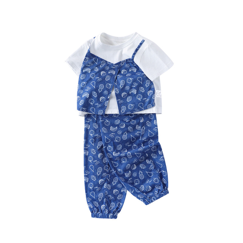 女童短袖套装夏季衣服小儿童卡通印花两件套宝宝假两件上衣配裤子
