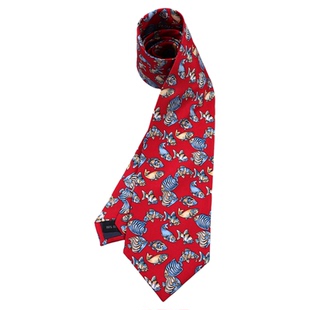法国巴黎真丝印花桑蚕丝领带9.5CM男士时髦复古红色小鱼轻薄柔软
