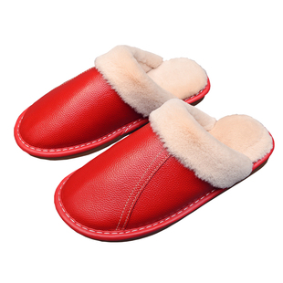 秋冬季棉拖鞋女真皮面防水家用防滑室内家居家保暖加厚毛绒厚底男