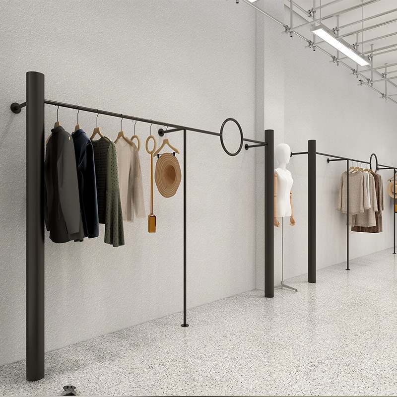 男女服装店展示架上墙哑光黑创意个性圆圈衣服壁挂陈列货架不锈钢