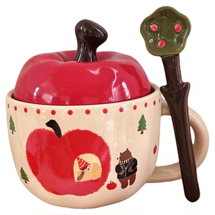 可爱红色苹果陶瓷马克杯子带盖带勺新年送女生伴手礼生日礼物水杯