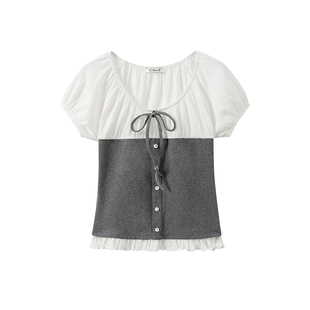 奶油的宇宙 绑带撞色花边泡泡袖短袖T恤女韩系甜美修身正肩短上衣