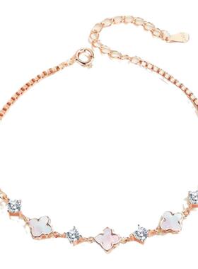 925纯银幸运四叶草手链女韩版ins玫瑰金玛瑙手链简约时尚手饰