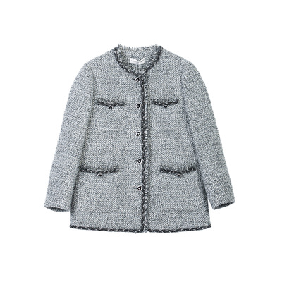 诗梦灰色中长款小香风粗花呢羽绒