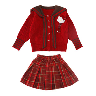 女童学院风红色海军领毛衣格子百褶裙本命年中大童拜年服喜庆套装