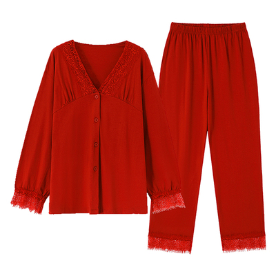 新一步纯棉本命红蕾丝花边睡衣女士新婚喜庆马年长裤长袖家居服