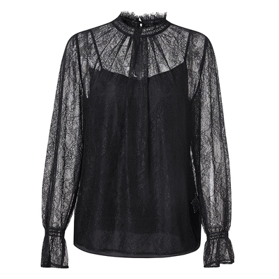 马天奴黑色蕾丝长袖上衣含内搭