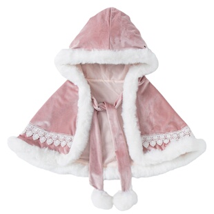 女童披风斗篷冬季加绒公主风粉色保暖外套儿童披肩圣诞搭配礼服裙