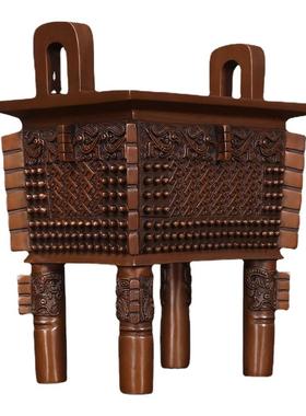 中式紫铜方鼎纯手工雕刻摆件