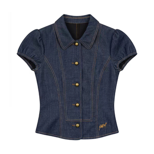 【5.20新品】WESTAYOONE仿牛仔上衣女夏薄款短袖衬衫+蛋糕裙套装