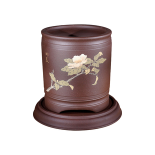 高档精品手工彩色泥绘白玉兰原矿宜兴紫泥高口签筒兰花盆景盆双色