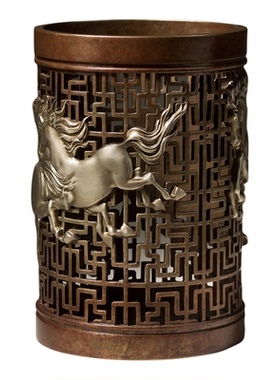 铜师傅黄铜八骏笔筒书房摆件