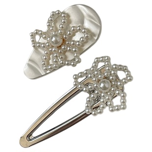 重工小花~高级感珍珠花朵不对称金属对夹发夹一字夹刘海夹侧边夹