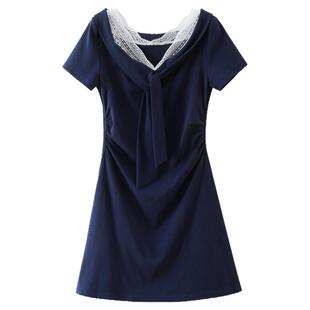 【清仓秒杀】夏韩系气质裙子小个子独特收腰显瘦蕾丝领藏蓝连衣裙