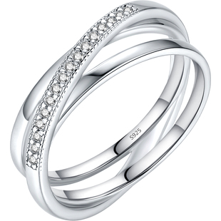 摩典S925纯银微镶交叉三环个性戒指女小众简约环环相扣情侣礼物