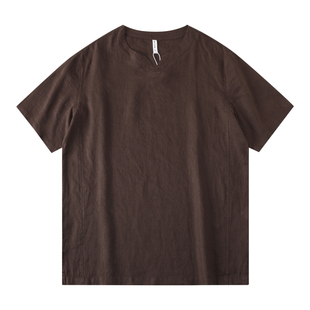 纯亚麻海鸥领短袖夏季轻薄透气吸湿排汗简约中国风男女咖啡V领t恤