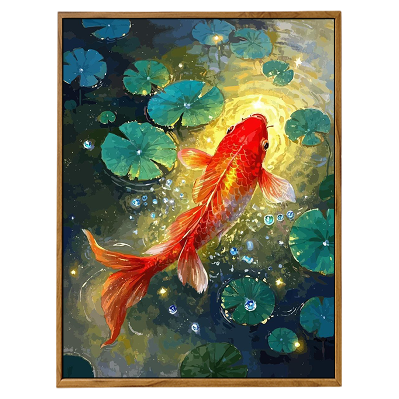 中国风荷塘好运莲莲锦鲤数字油画