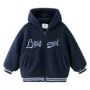 男童毛毛衣连帽外套冬季2025新款儿童加绒加厚时尚刺绣冬款上衣潮