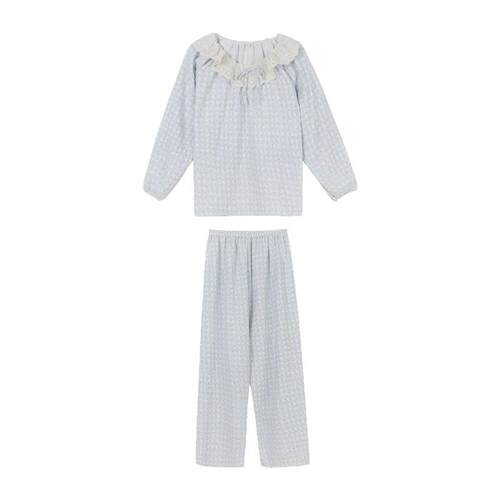 馨帮帮Homedress 甜美碎花格子睡衣女春秋款娃娃领外穿家居服套装