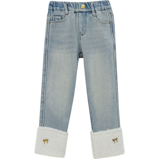 女童加绒牛仔裤冬装2025新款洋气儿童加厚直筒裤女孩休闲百搭裤子