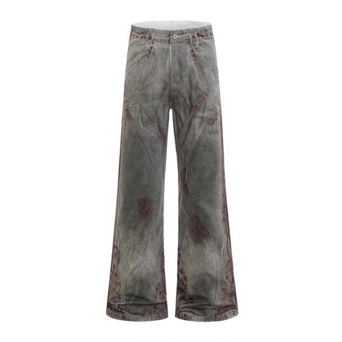 SWAG血色脏染水洗做旧擦色脏染结构牛仔裤cleanfit小众微喇裤男女