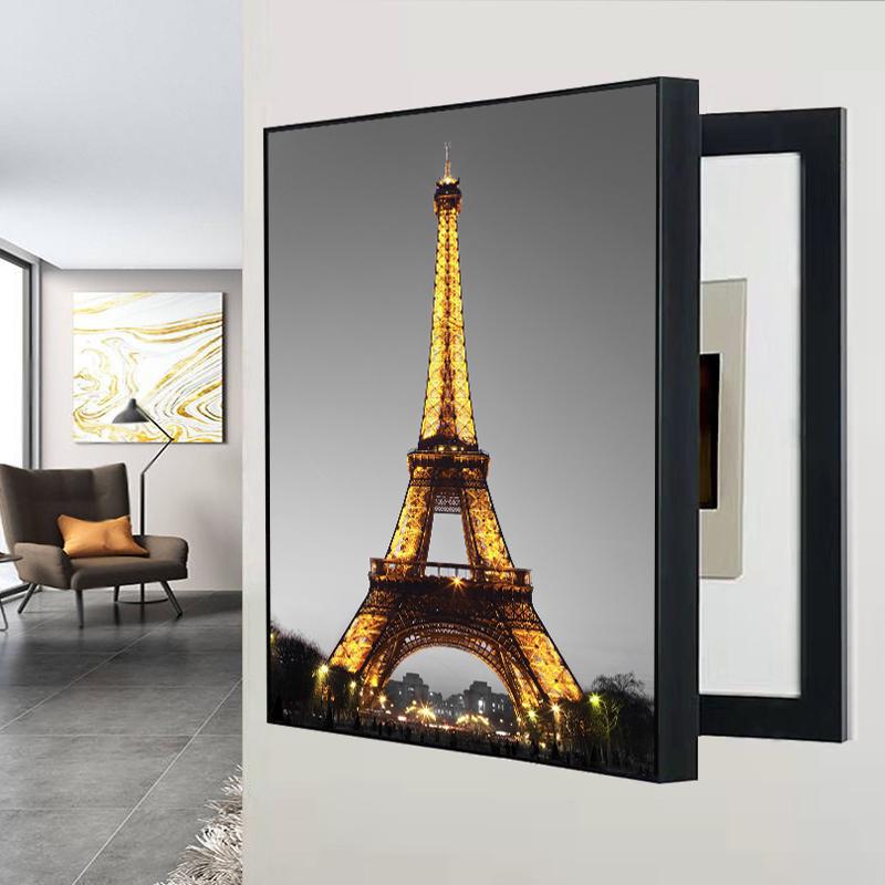 新中式山水免打孔电表箱装饰画竖款遮挡配电箱电闸源空开竖版挂画