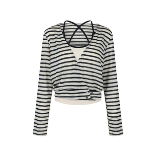 糯米子[无压出行]藏蓝色条纹针织衫女+吊带背心真两件叠穿套装