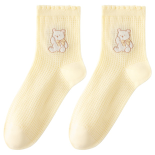 2026春夏新款袜子女士可爱女款卡通黄色少女长袜花边中筒袜棉女袜