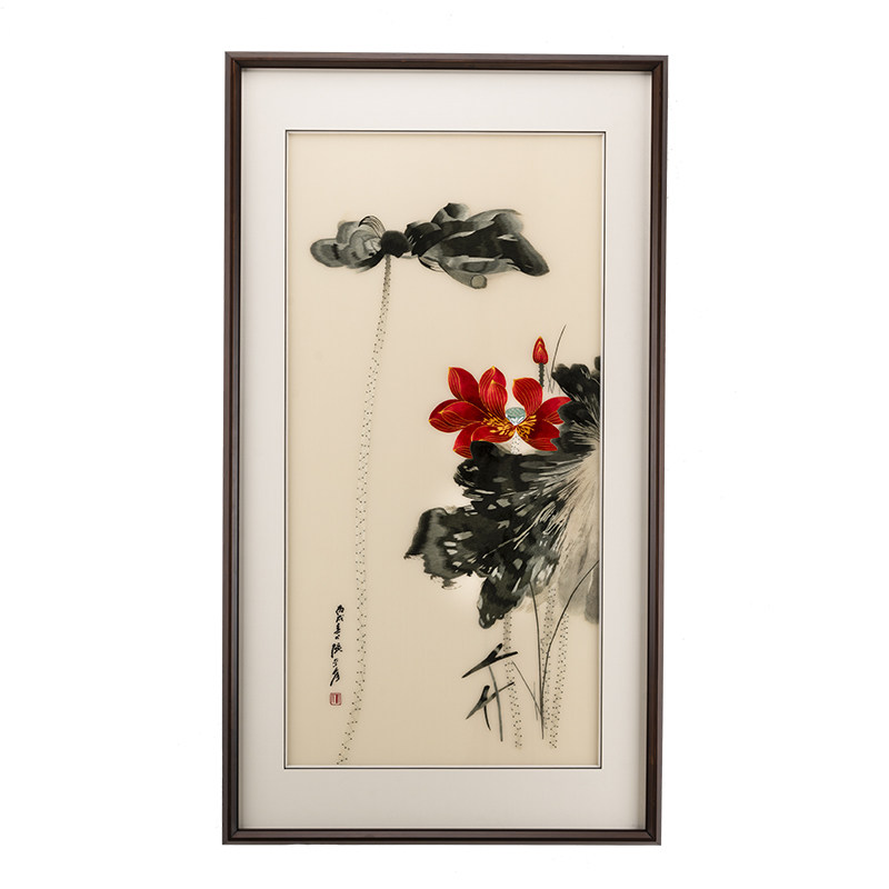 苏绣成品挂画红莲手工蚕丝玄关