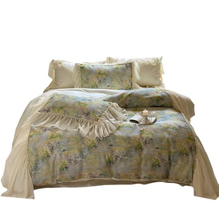 Retro|法式床单天丝棉四件套复古花卉荷叶边被套凉感丝滑床上用品