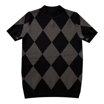 半高领韩版修身格子短袖针织衫