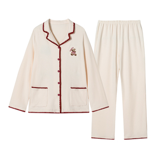 嫚熙春秋季双面火山小磨毛女士睡衣情侣纯棉家居服套装2025新款