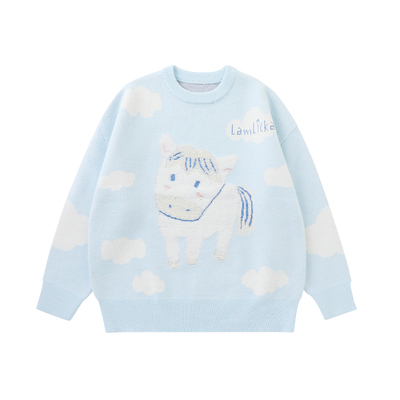 小马浅蓝色毛衣慵懒穿针织衫宽松