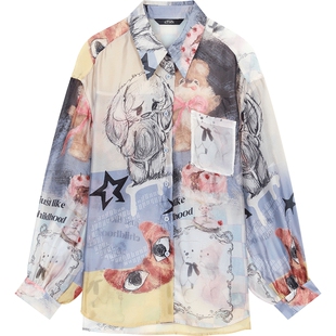 妖精的口袋原创满印长袖衬衫女2026年早春新款设计感宽松百搭上衣