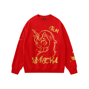 LAMLICKA独角兽马年红色卫衣宽松慵懒风圆领长袖情侣装本命年外套